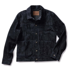 flalay of The Ryder Jacket in Dark Navy Suede