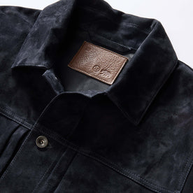 material shot of the collar on The Ryder Jacket in Dark Navy Suede