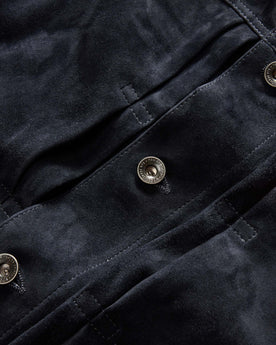 material shot of the buttons on The Ryder Jacket in Dark Navy Suede, Outerwear by Taylor Stitch