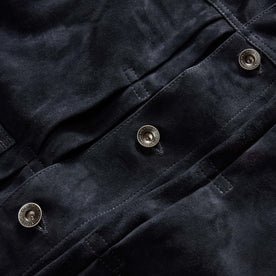 material shot of the buttons on The Ryder Jacket in Dark Navy Suede