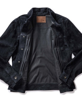 flatay of The Ryder Jacket in Dark Navy Suede, open, Outerwear by Taylor Stitch