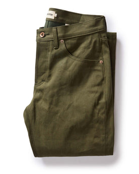 folded flatlay of The Slim Jean in Olive Nihon Menpu Selvage, Bottoms by Taylor Stitch