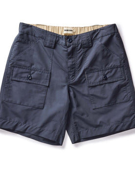 flatlay of The Trail Cargo Short in Faded Navy 60/40 Faille, Bottoms by Taylor Stitch