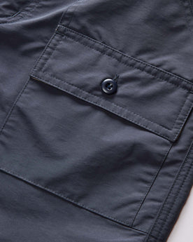 material shot of the pockets on The Trail Cargo Short in Faded Navy 60/40 Faille, Bottoms by Taylor Stitch