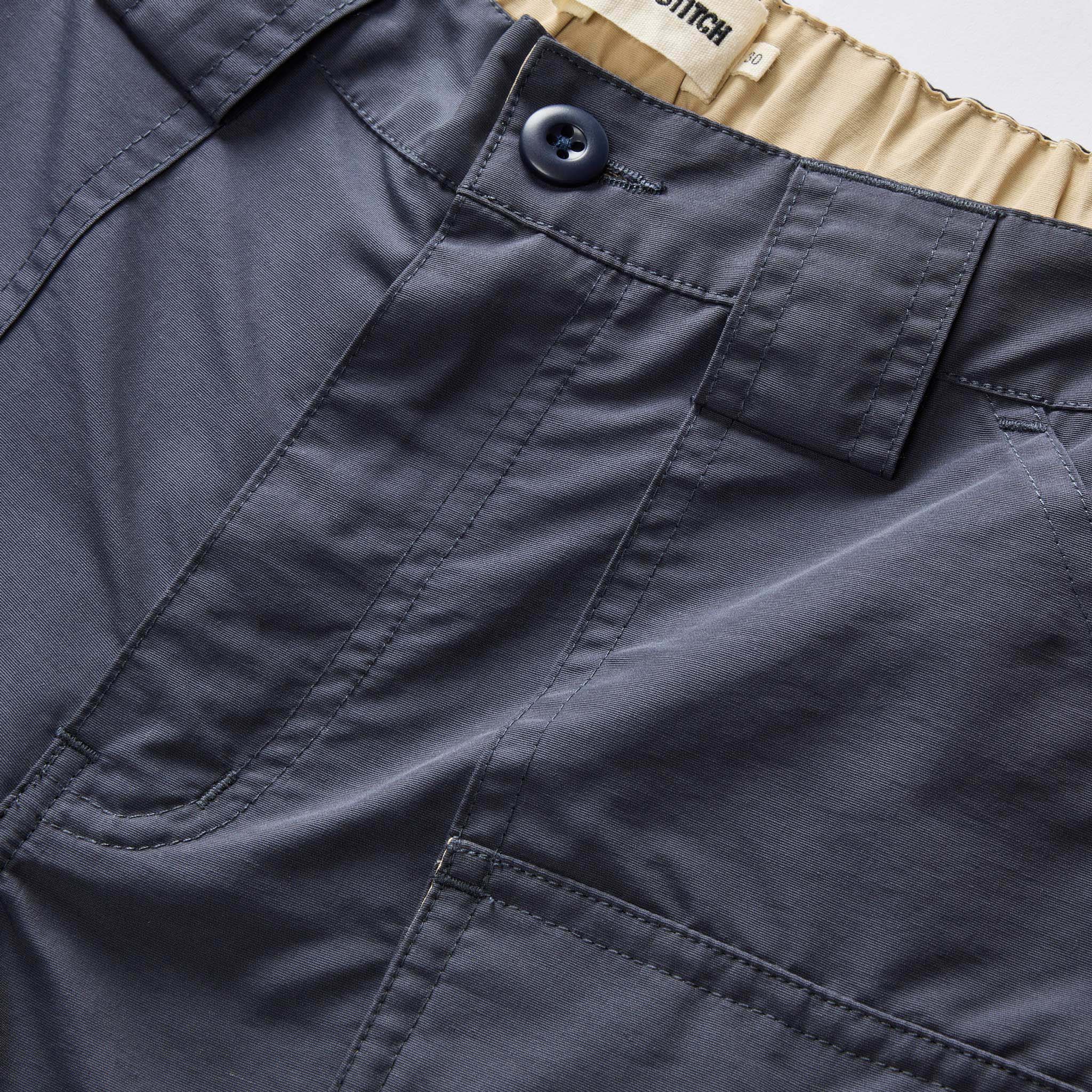 material shot of the waistband on The Trail Cargo Short in Faded Navy 60/40 Faille, Bottoms by Taylor Stitch