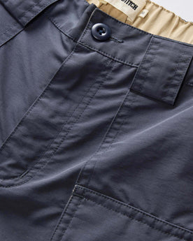 material shot of the waistband on The Trail Cargo Short in Faded Navy 60/40 Faille, Bottoms by Taylor Stitch