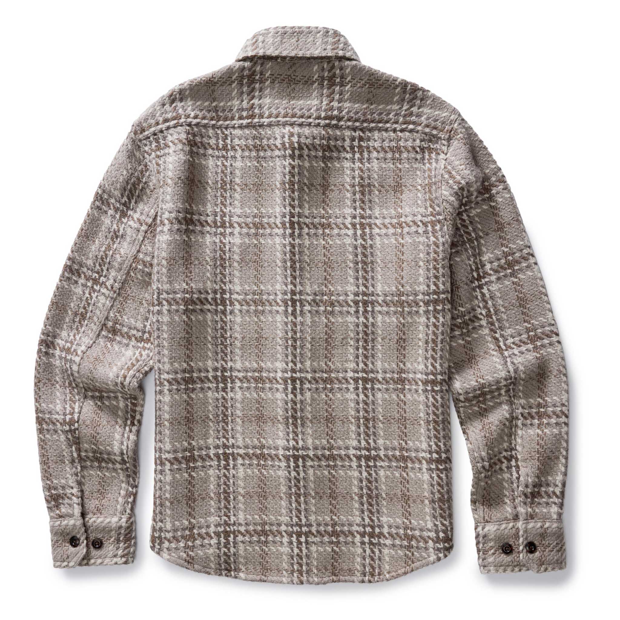 flatlay of the back of The Cutter Overshirt in Grey Plaid, Wovens by Taylor Stitch
