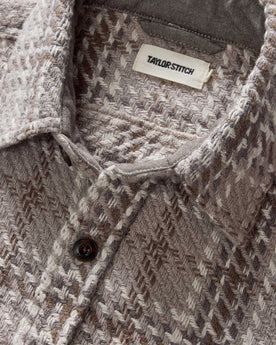 material shot of the collar on The Cutter Overshirt in Grey Plaid, Wovens by Taylor Stitch