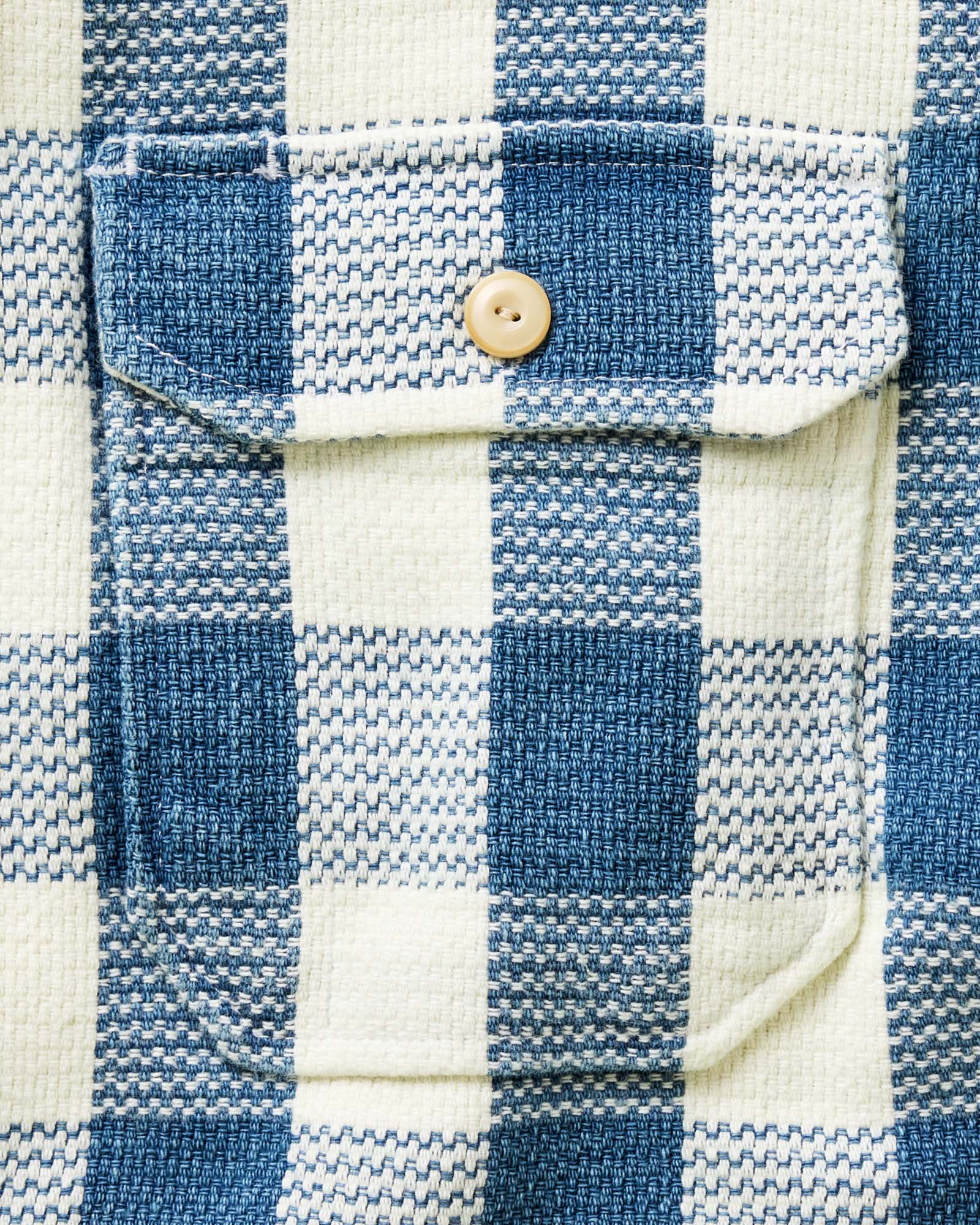 material shot of the collar on The Division Shirt in Washed Indigo Check, Wovens by Taylor Stitch