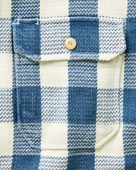 material shot of the collar on The Division Shirt in Washed Indigo Check, Wovens by Taylor Stitch