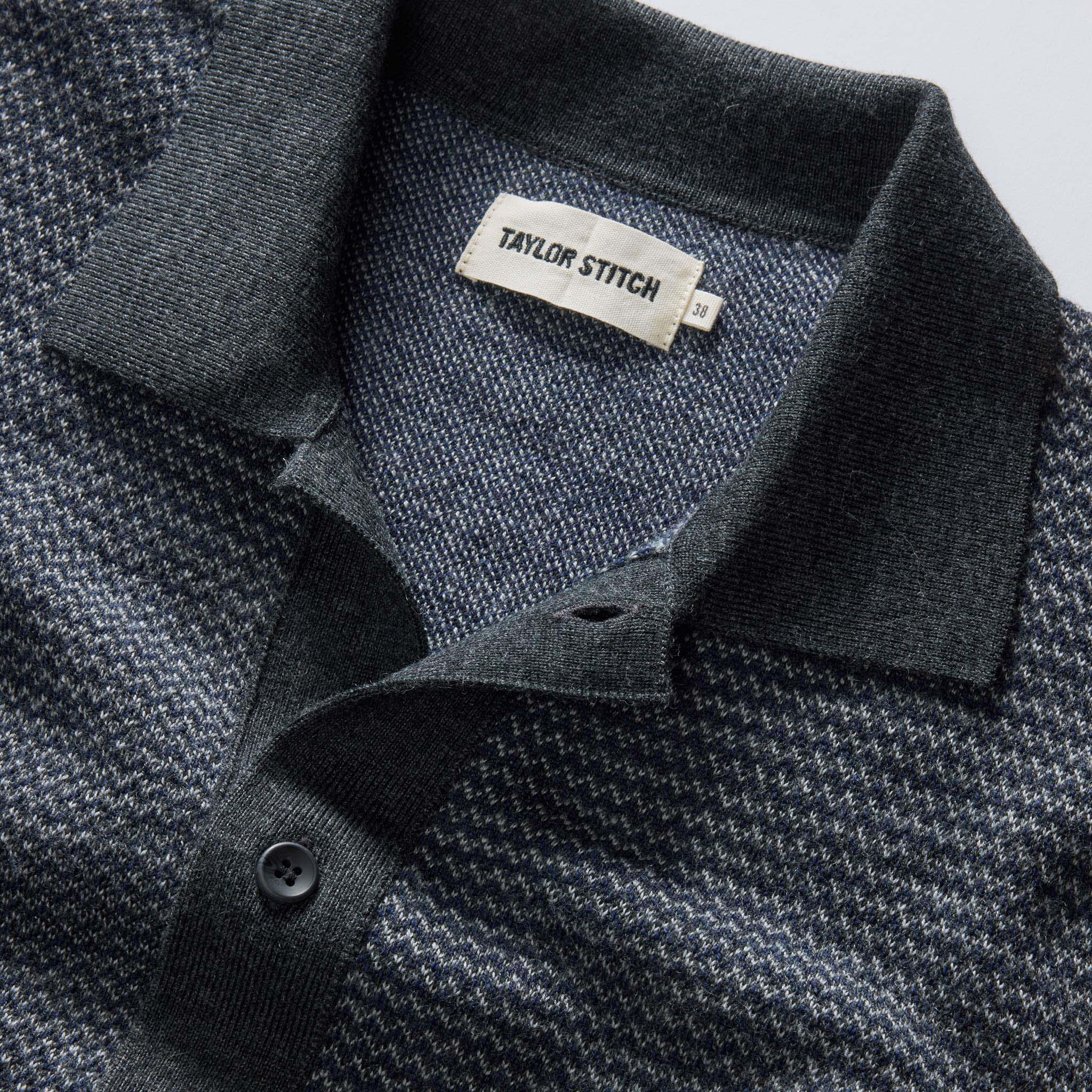 material shot of the collar on The Nichols Polo in Navy Birdseye, Knits by Taylor Stitch