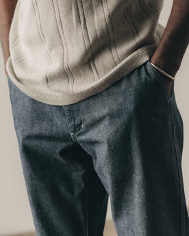fit model showing off The Easy Pant in Washed Indigo Chambray, Bottoms by Taylor Stitch