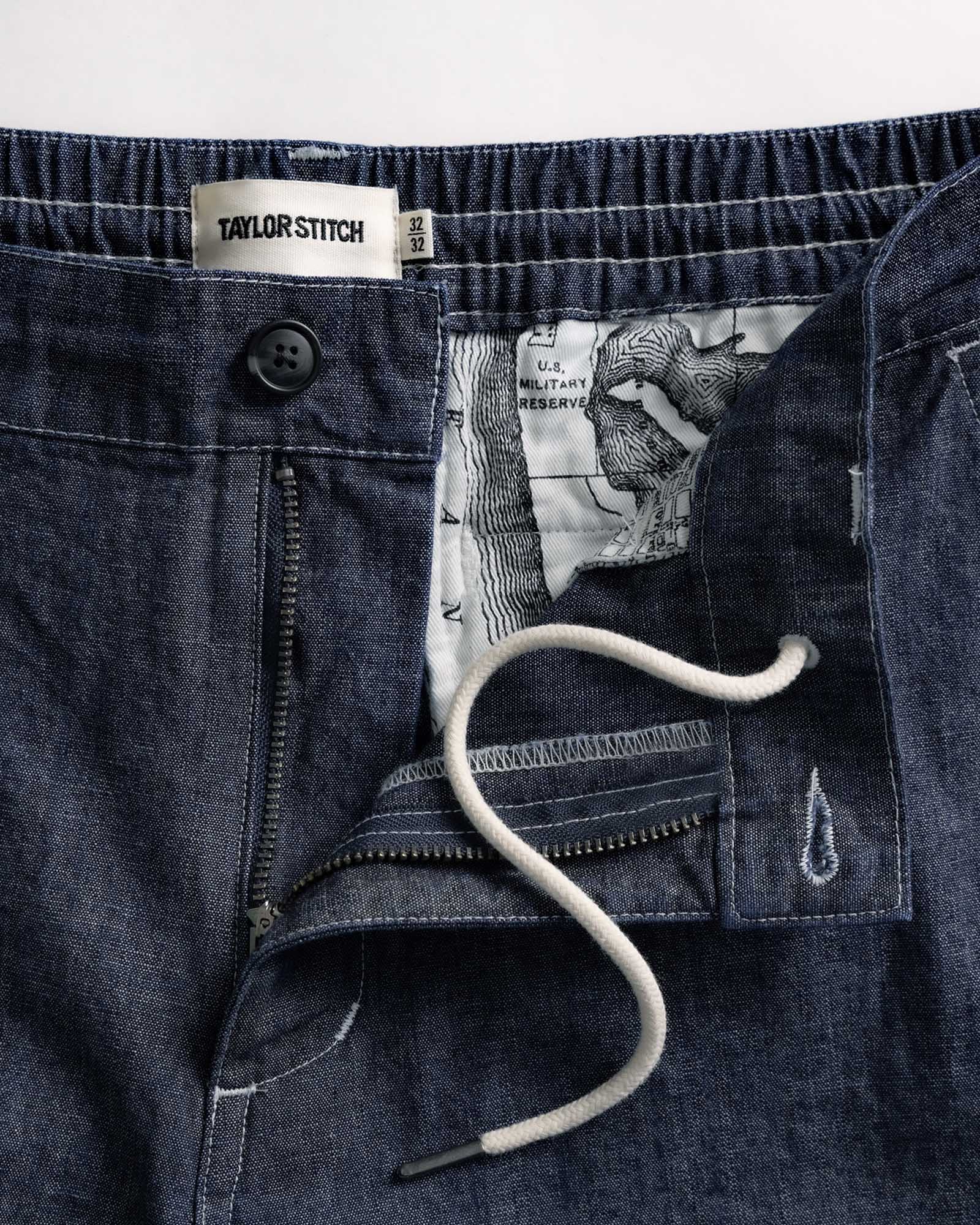 material shot of the waistband on The Easy Pant in Washed Indigo Chambray, Bottoms by Taylor Stitch