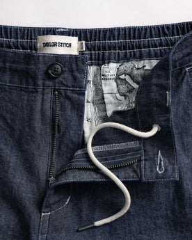 material shot of the waistband on The Easy Pant in Washed Indigo Chambray, Bottoms by Taylor Stitch
