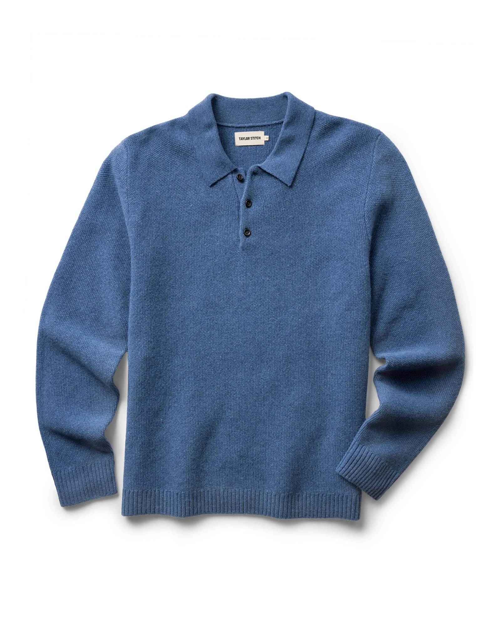 flatlay of The Newton Sweater Polo in Heather Clear Blue, Knits by Taylor Stitch