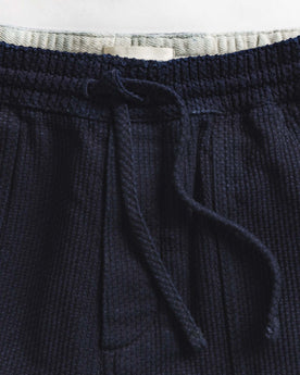 material shot of the waistband on The Breakwater Pant in Rinsed Indigo Sashiko, Bottoms by Taylor Stitch