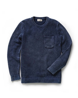 flatlay of The Crawford Crew Sweater in Washed Indigo, Knits by Taylor Stitch