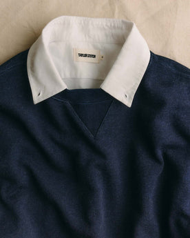 fit model in The Apres Crew in Indigo Terry, Knits by Taylor Stitch