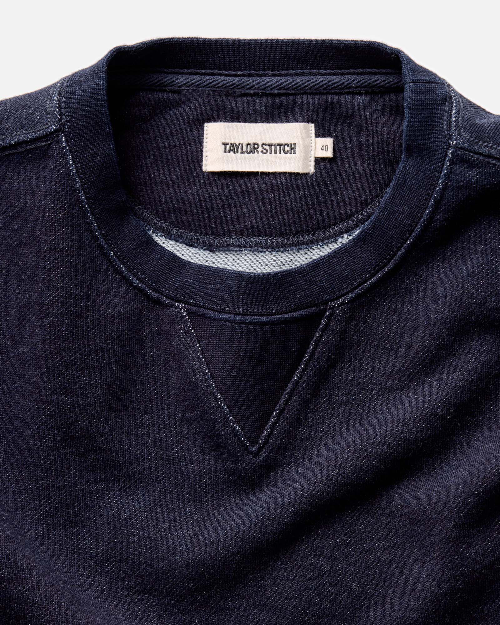 fit model showing the collar on The Apres Crew in Indigo Terry, Knits by Taylor Stitch