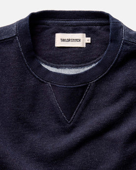 fit model showing the collar on The Apres Crew in Indigo Terry, Knits by Taylor Stitch