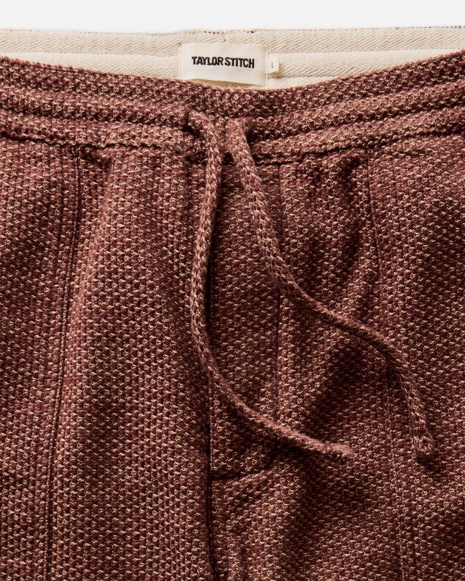 material shot of the waistband on The Breakwater Pant in Black Cherry Sashiko, Bottoms by Taylor Stitch