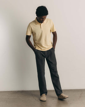 fit model posing in The Breakwater Pant in Charcoal Sashiko, Bottoms by Taylor Stitch