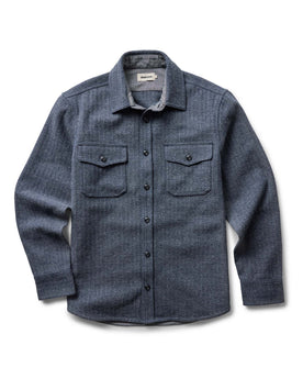 flatlay of The CPO Overshirt in Indigo Ash Wool Herringbone, Wovens by Taylor Stitch