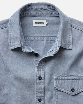 material shot of the collar on The Cadet Shirt in Washed Indigo Oxford, Wovens by Taylor Stitch