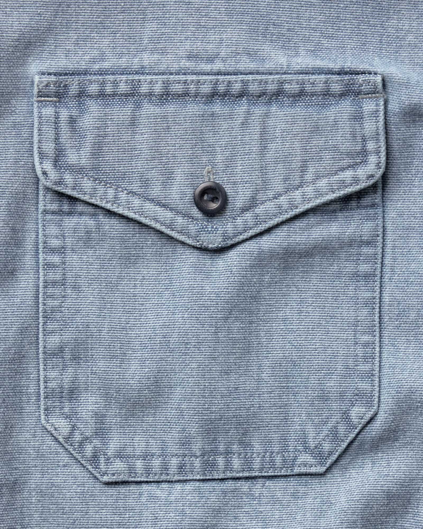 material shot of the pocket on The Cadet Shirt in Washed Indigo Oxford, Wovens by Taylor Stitch