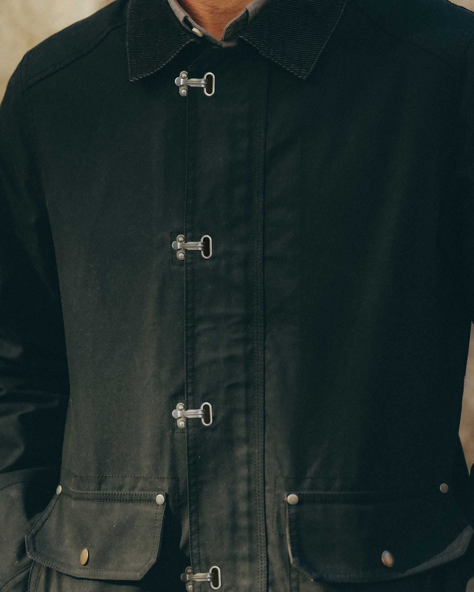 fit model showing off The Cinder Jacket in Coal Dry Wax, Outerwear by Taylor Stitch