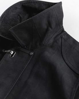 material shot of the underside of the collar on The Cinder Jacket in Coal Dry Wax, Outerwear by Taylor Stitch