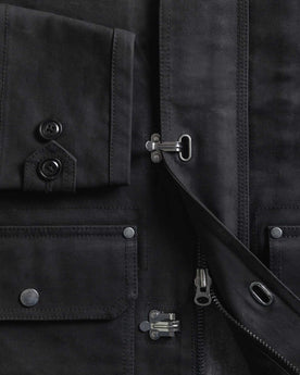 material shot of the zipper on The Cinder Jacket in Coal Dry Wax, Outerwear by Taylor Stitch