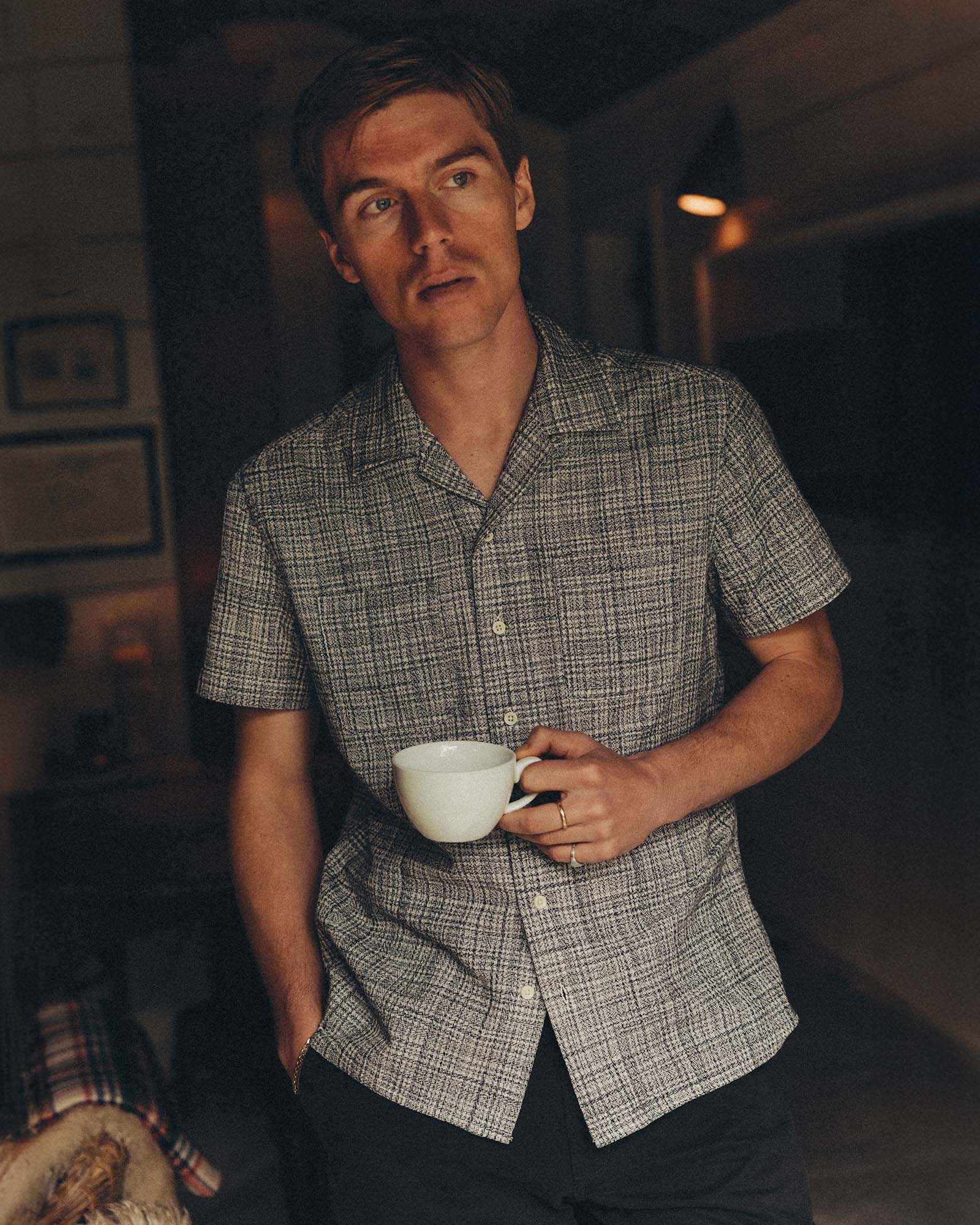 fit model posing in The Conrad Shirt in Cloud Cover Dobby, Wovens by Taylor Stitch