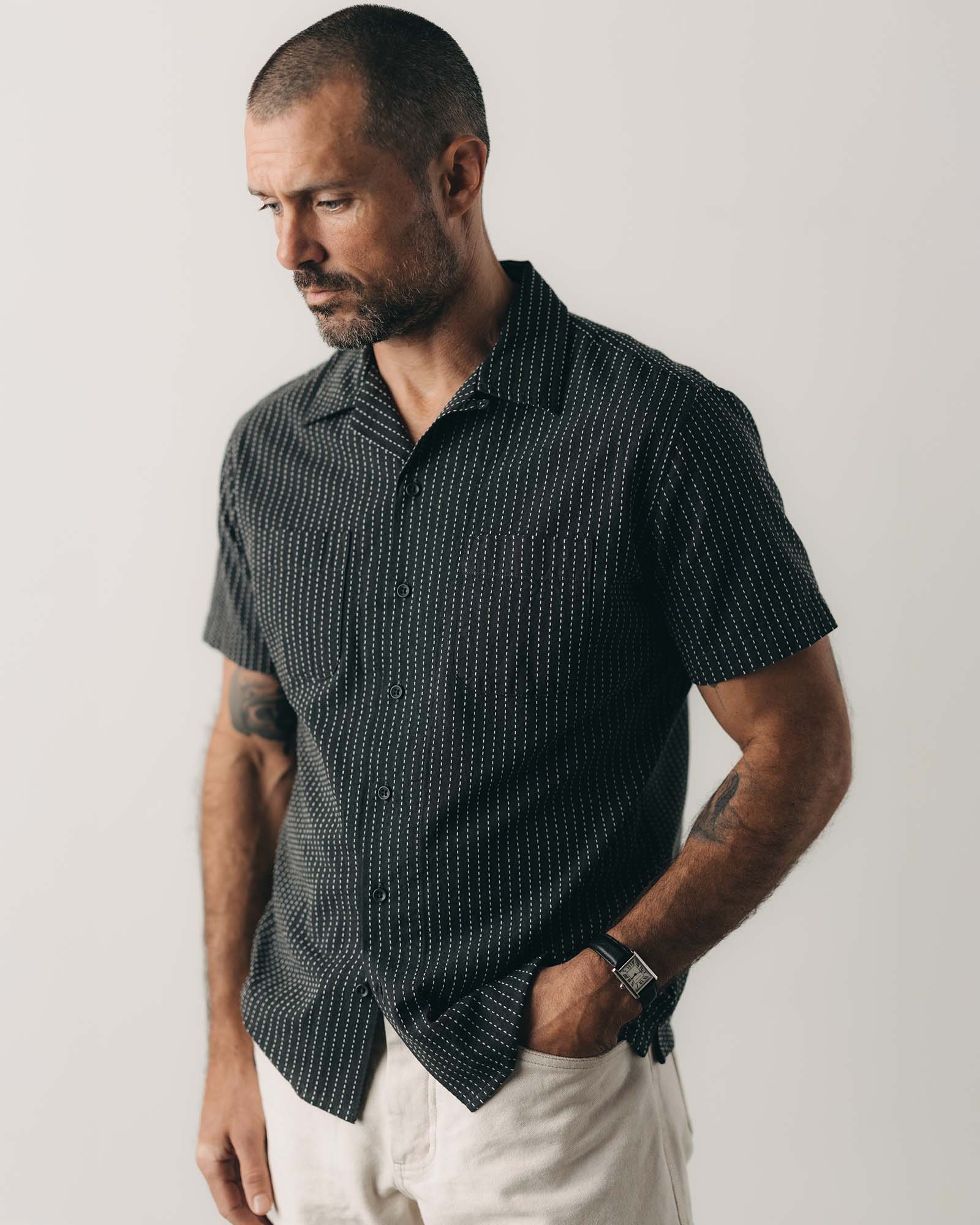 fit model showing off The Conrad Shirt in Pickstitch Stripe Dobby, Wovens by Taylor Stitch