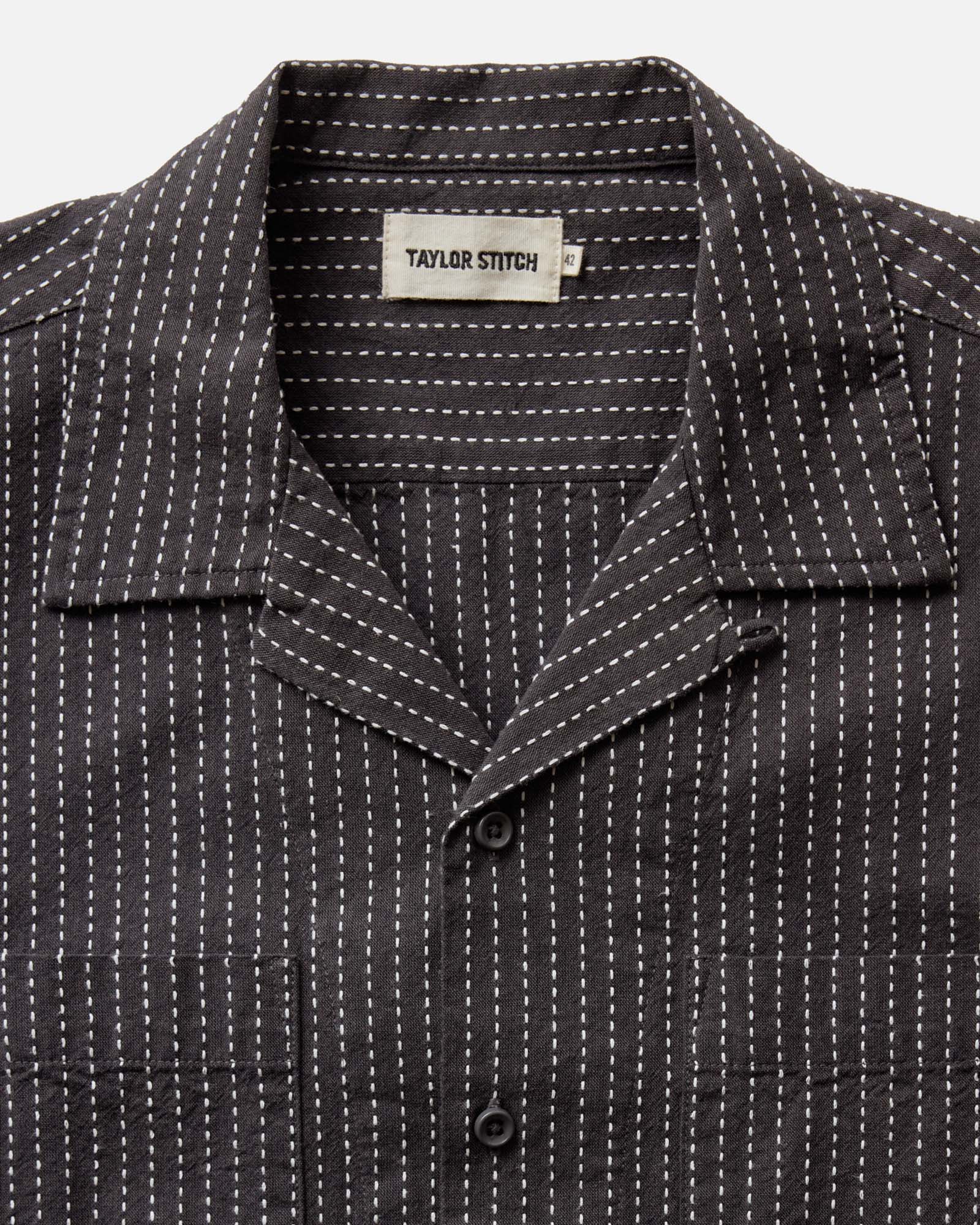 material shot of the collar on The Conrad Shirt in Pickstitch Stripe Dobby, Wovens by Taylor Stitch