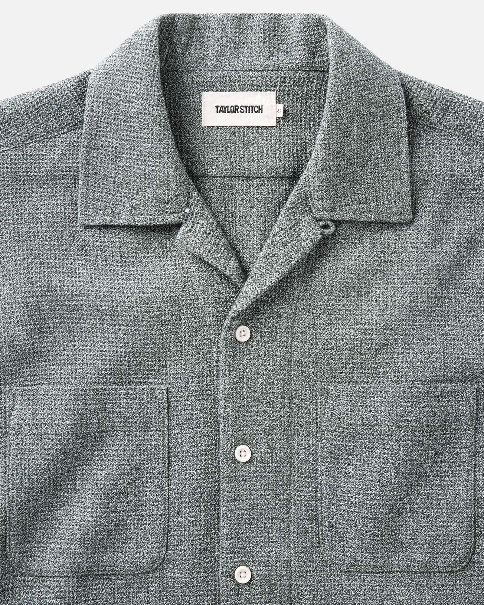 fit model wearing in The Conrad Shirt in Deep Sea Twist, Wovens by Taylor Stitch