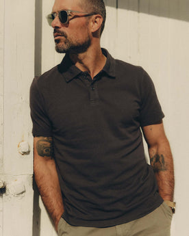 fit model posing in The Cotton Hemp Polo in Asphalt Pique, Knits by Taylor Stitch