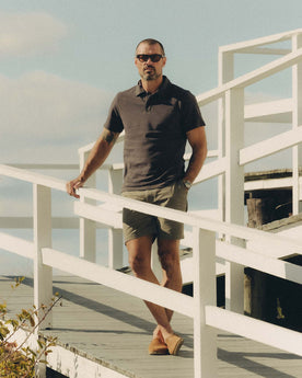 fit model showing off The Cotton Hemp Polo in Asphalt Pique, Knits by Taylor Stitch