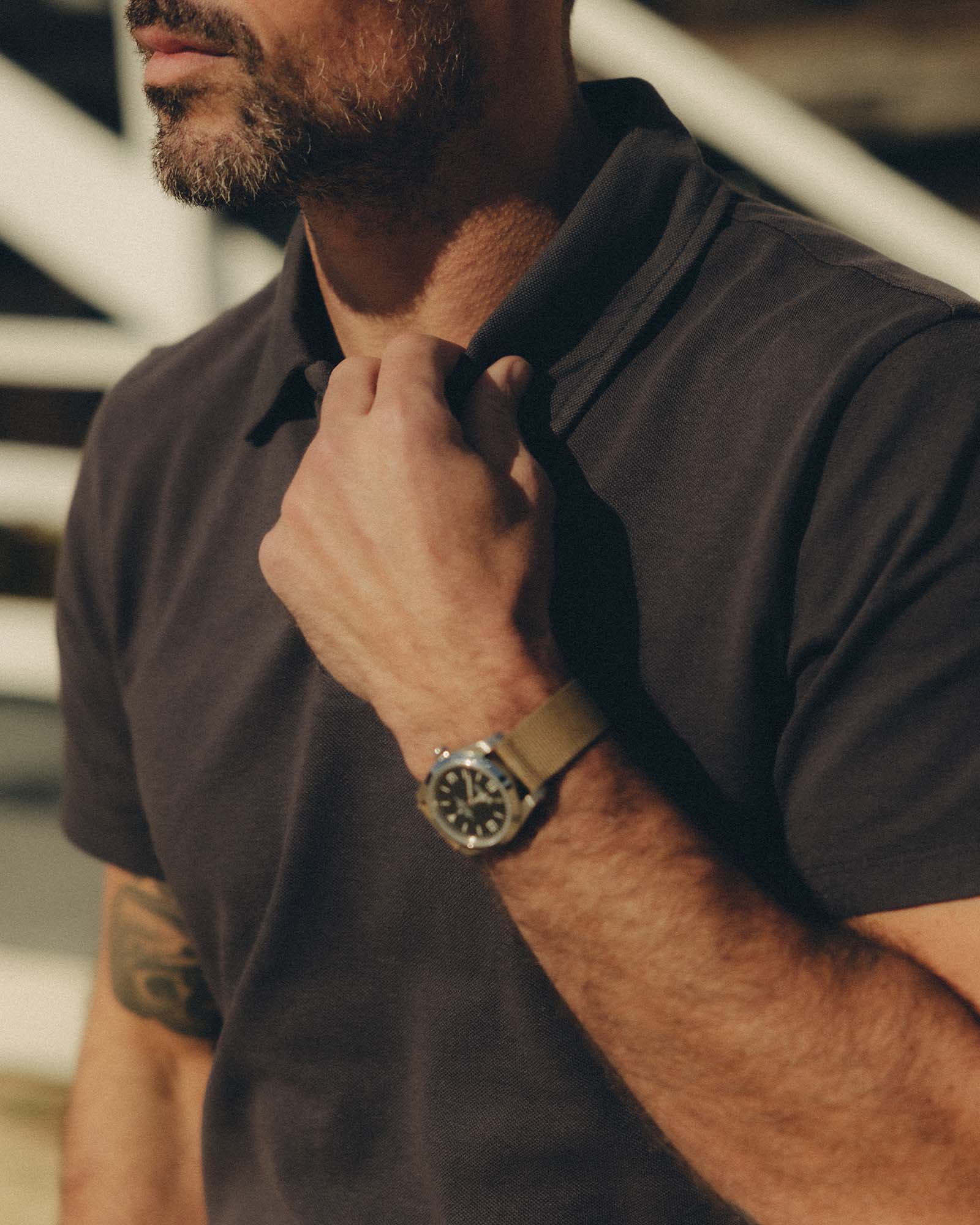 fit model showing off the collar on The Cotton Hemp Polo in Asphalt Pique, Knits by Taylor Stitch