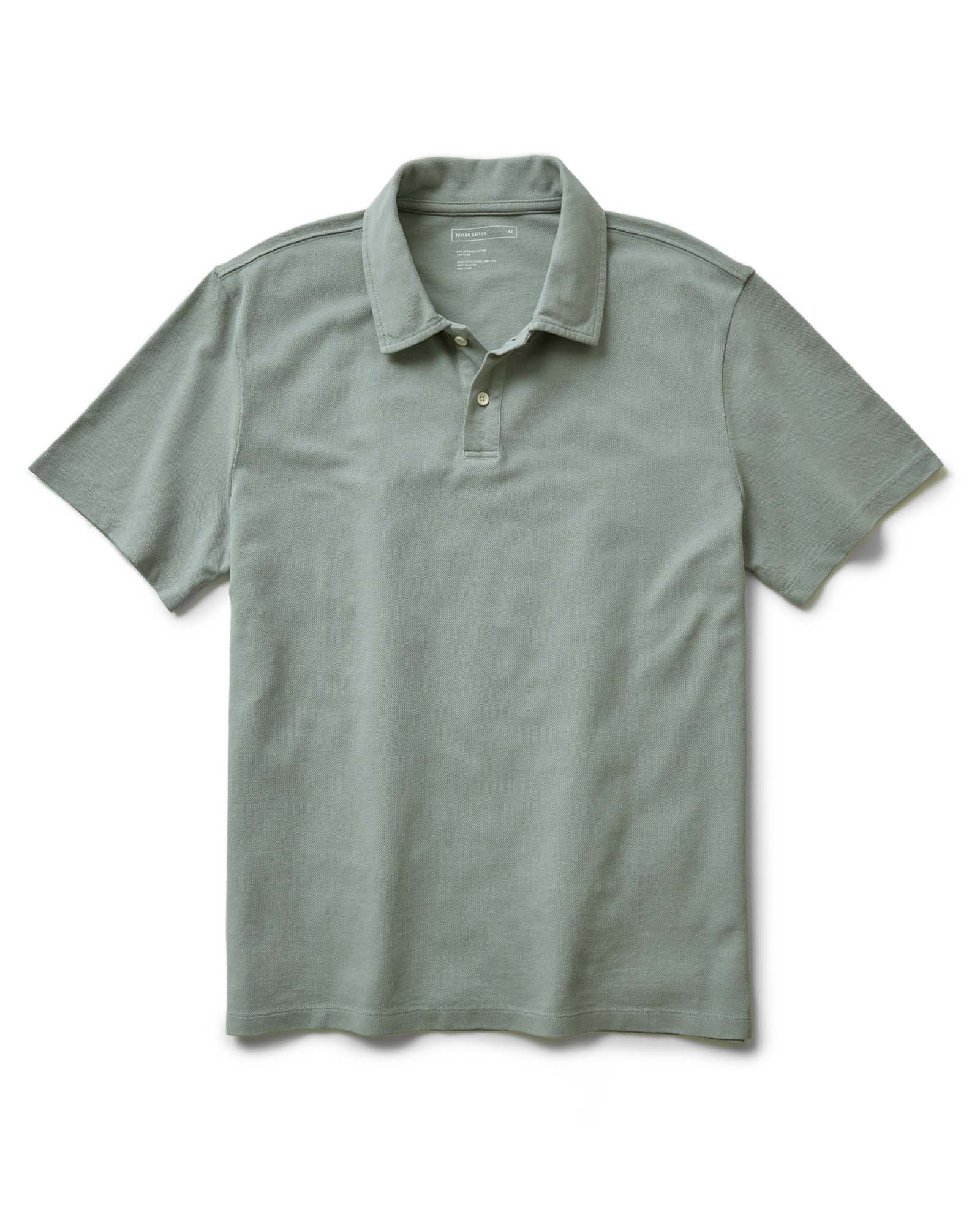 flatlay of The Cotton Hemp Polo in Surf Green Pique, Knits by Taylor Stitch