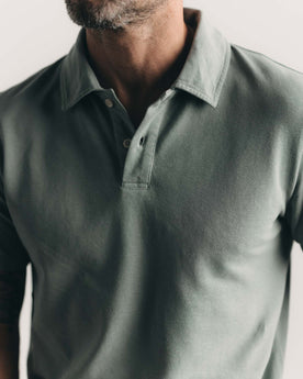 fit model showing off The Cotton Hemp Polo in Surf Green Pique, Knits by Taylor Stitch