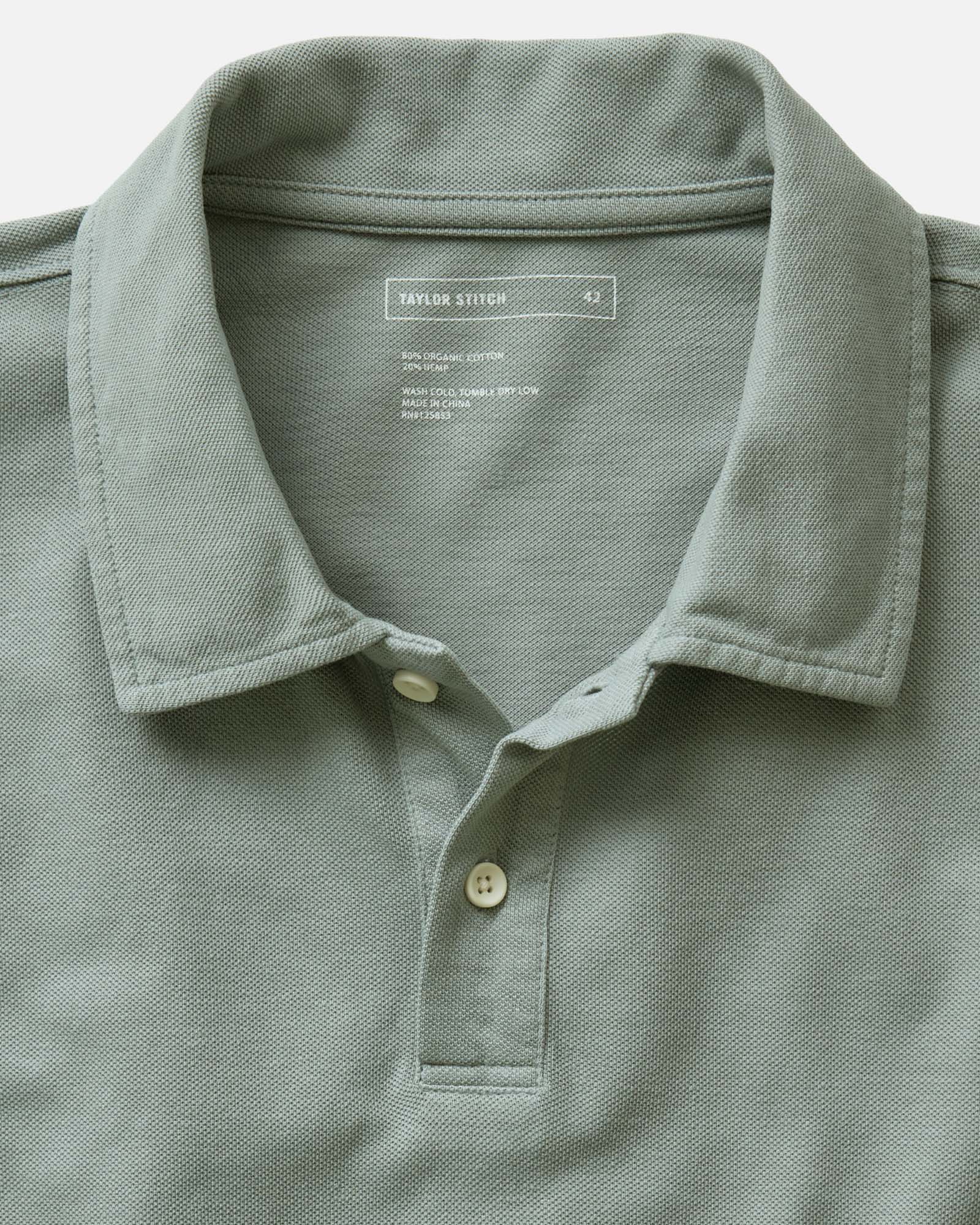 material shot of the collar on The Cotton Hemp Polo in Surf Green Pique, Knits by Taylor Stitch