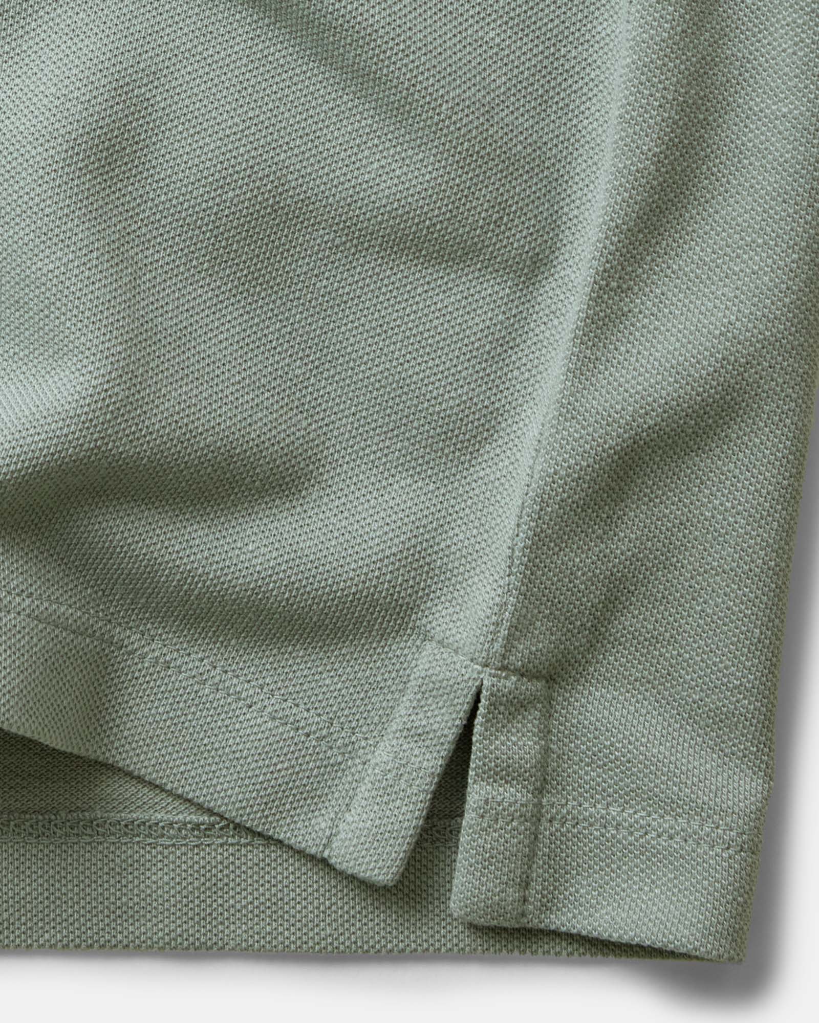 material shot of the hem on The Cotton Hemp Polo in Surf Green Pique, Knits by Taylor Stitch