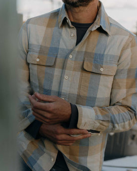 fit model posing in The Craftsman Shirt in Blue Sky Check, Wovens by Taylor Stitch