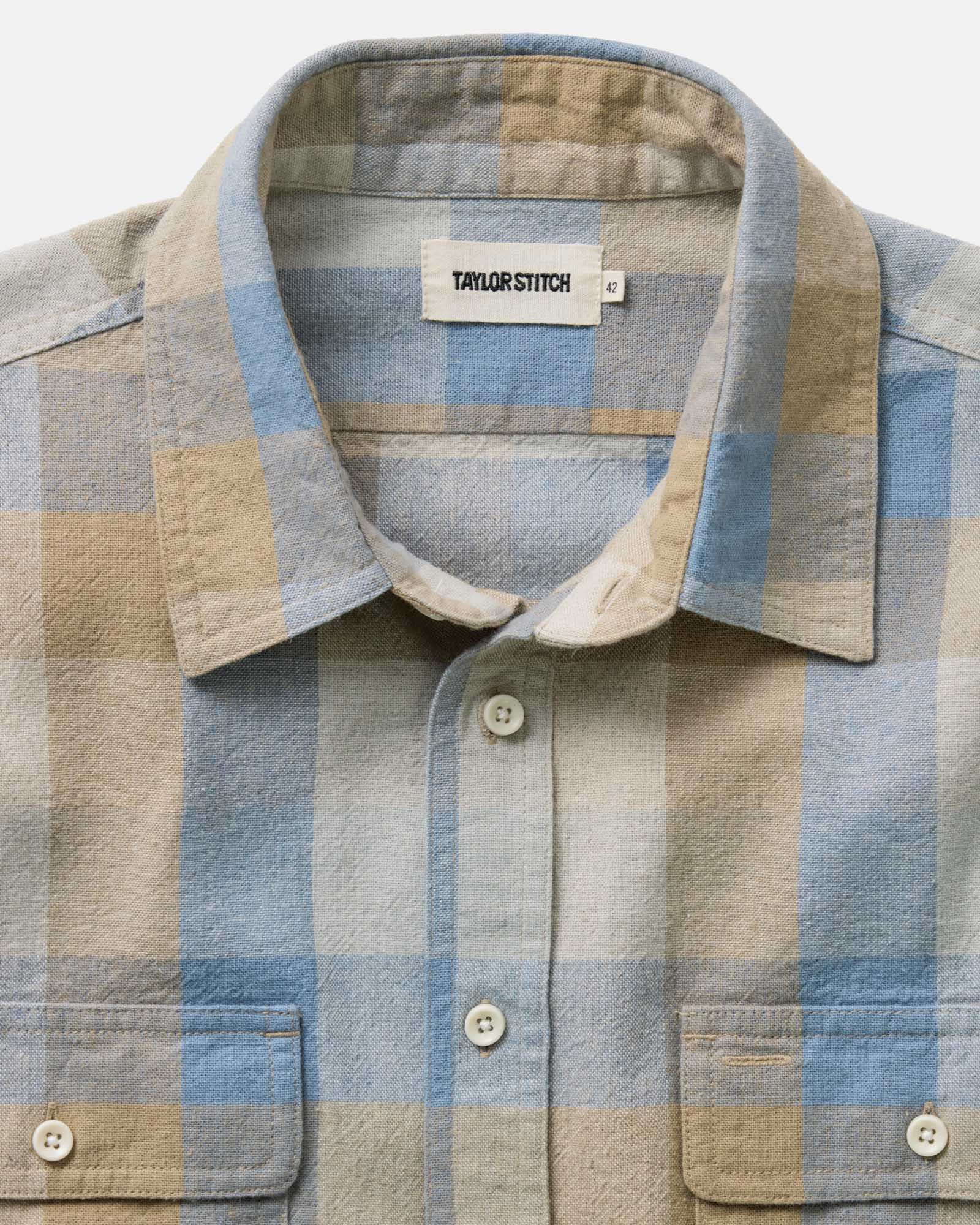 material shot of the collar on The Craftsman Shirt in Blue Sky Check, Wovens by Taylor Stitch