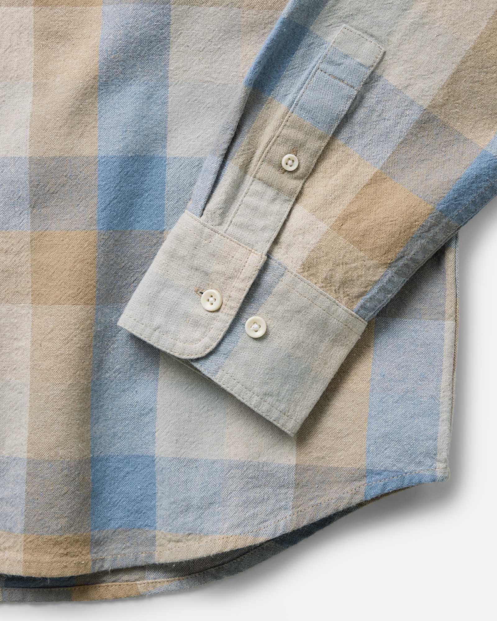 material shot of the sleeve on The Craftsman Shirt in Blue Sky Check, Wovens by Taylor Stitch