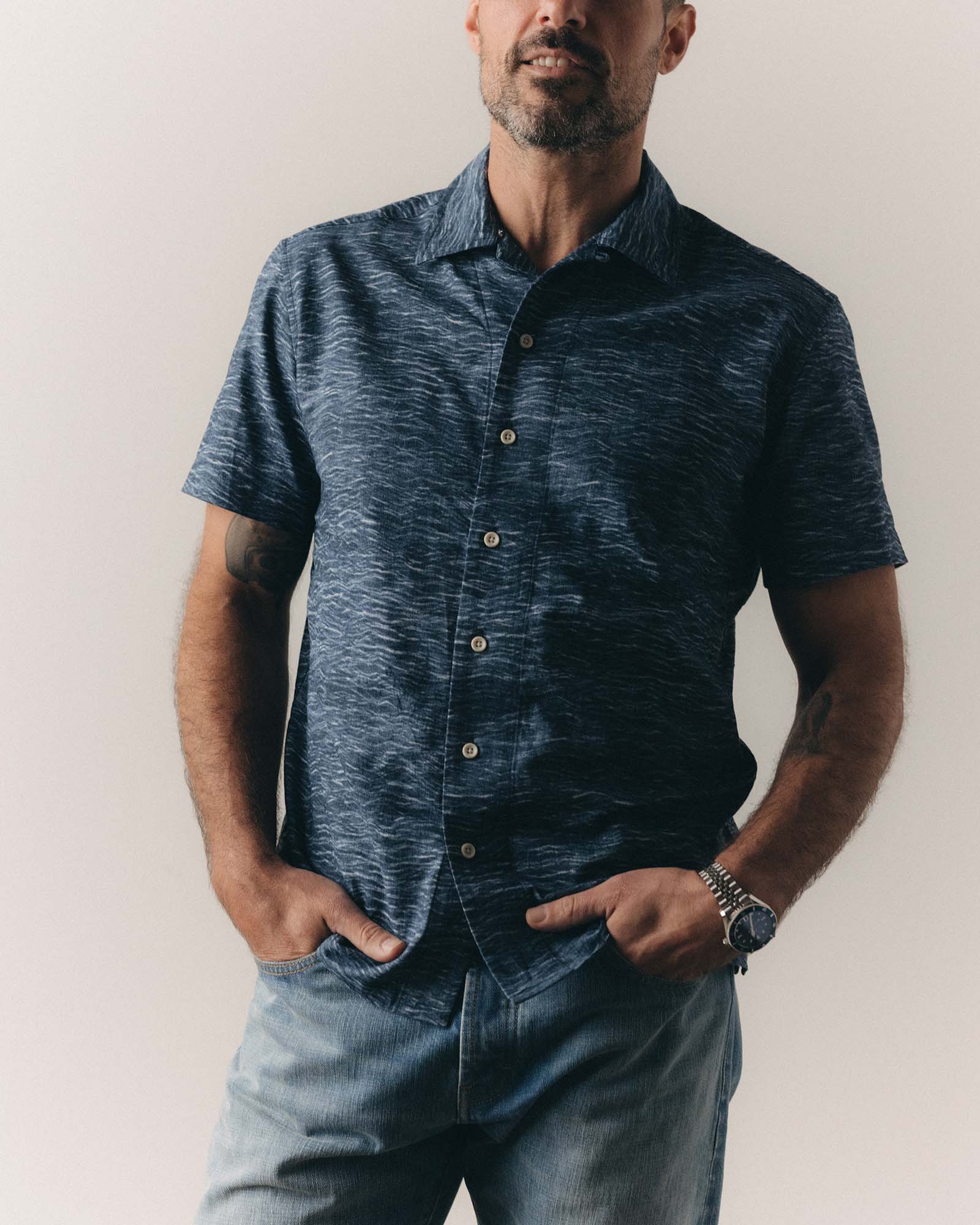 fit model posing in The Davis Shirt in High Seas, Wovens by Taylor Stitch