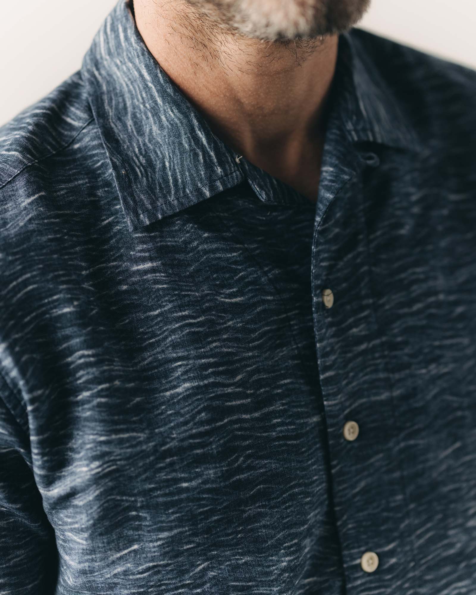 fit model showing off the collar on The Davis Shirt in High Seas, Wovens by Taylor Stitch