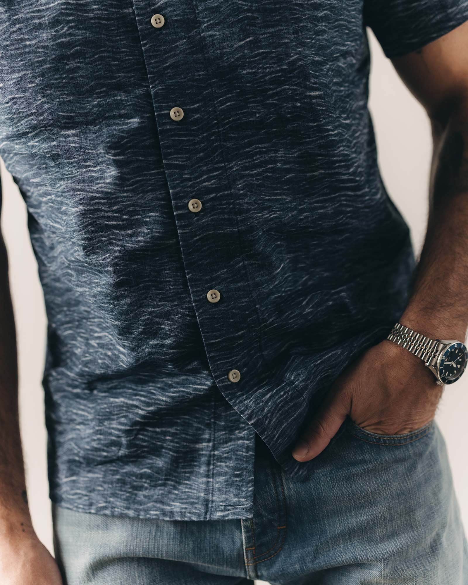 fit model posing in The Davis Shirt in High Seas, Wovens by Taylor Stitch