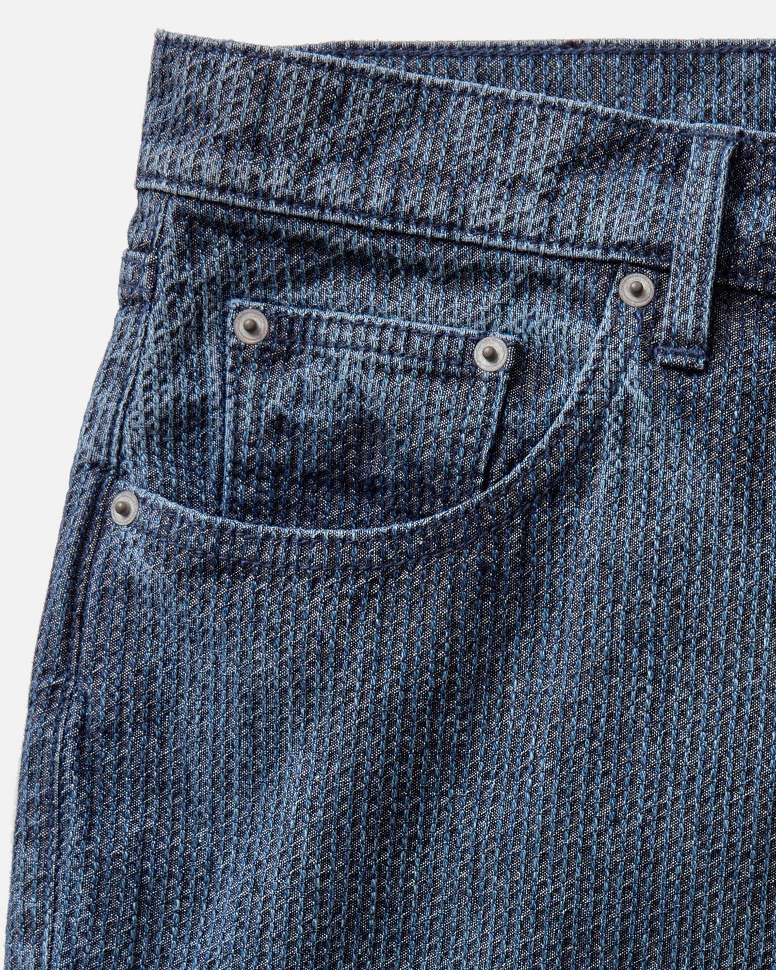 material shot of the pocket on The Democratic Jean in Japanese Washed Indigo Sashiko, Bottoms by Taylor Stitch